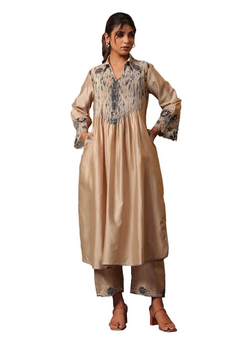 Label Niti Bothra Ivory Chanderi Silk Embroidery, Cut Work Collared Pintuck Kurta And Palazzo Set at Aza Fashions Label Niti Bothra_Ivory Chanderi Silk Embroidery, Cut Work Collared Pintuck Kurta And Palazzo Set _at_Aza_Fashions