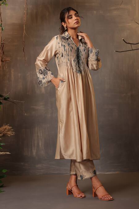 Shop_Label Niti Bothra_Ivory Chanderi Silk Embroidery, Cut Work Collared Pintuck Kurta And Palazzo Set 
