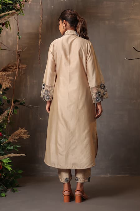 Shop_Label Niti Bothra_Ivory Chanderi Silk Embroidery, Cut Work Collared Pintuck Kurta And Palazzo Set _at_Aza_Fashions