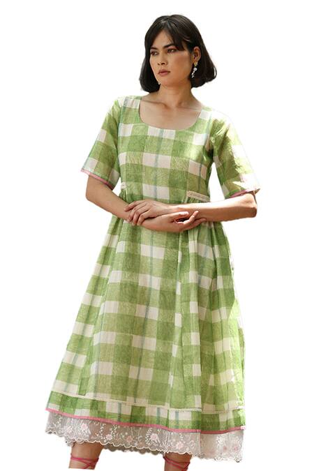 Buy_Weaver Story_Green Chanderi Silk Hand Block Print Chequered Round Neck Handloom Dress _Online_at_Aza_Fashions