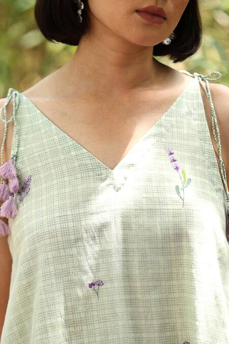 Shop_Weaver Story_White Chanderi Silk Embroidery, Tassels V-neck Hand Block Print Dress _Online_at_Aza_Fashions