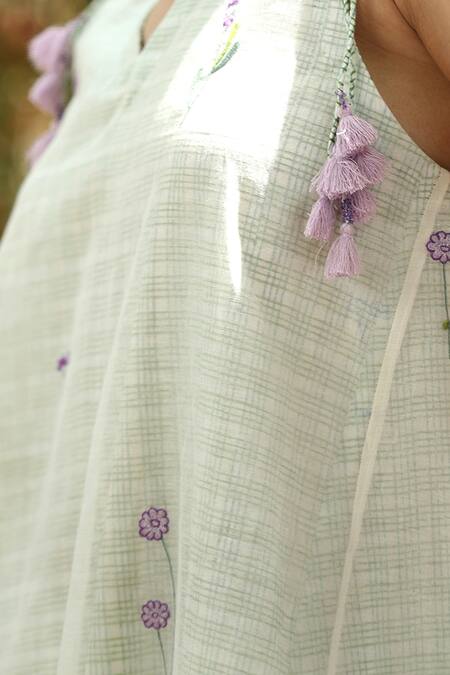 Weaver Story_White Chanderi Silk Embroidery, Tassels V-neck Hand Block Print Dress _at_Aza_Fashions