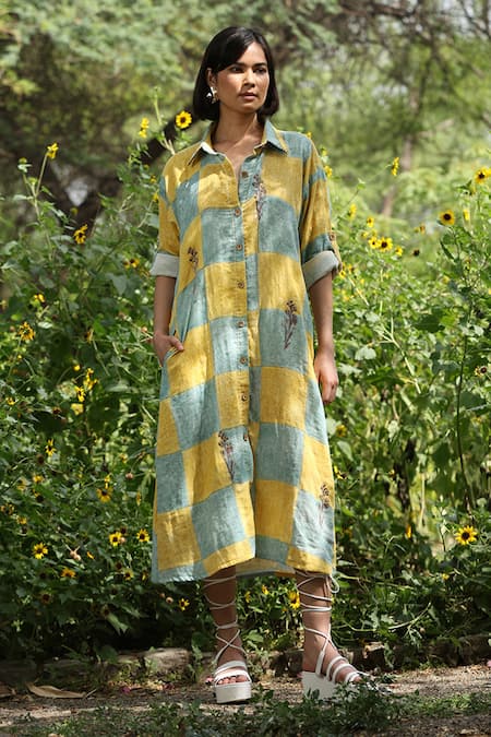 Weaver Story Yellow Cotton Hand Block Print Chequered Collared Neck Dress 