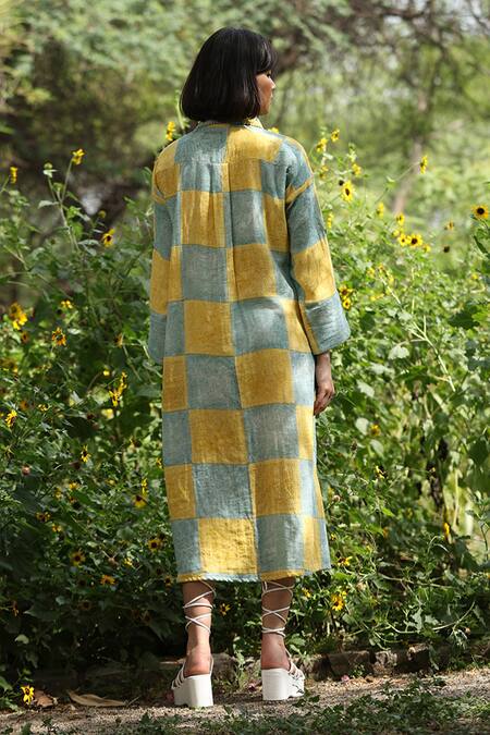 Weaver Story_Yellow Cotton Hand Block Print Chequered Collared Neck Dress _Online_at_Aza_Fashions