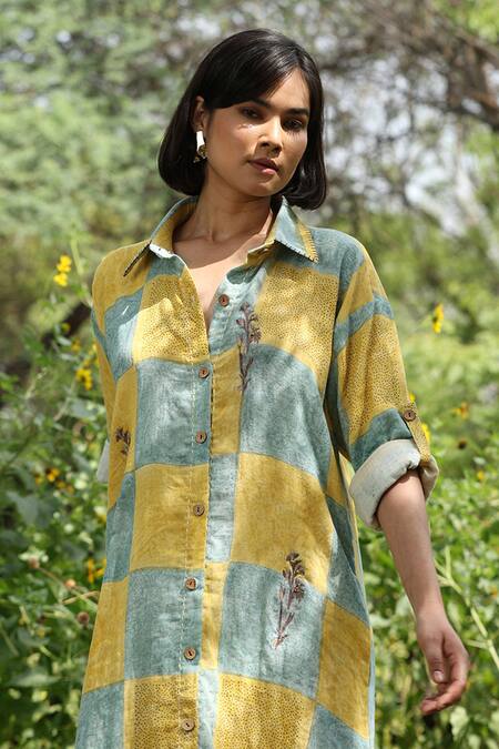 Shop_Weaver Story_Yellow Cotton Hand Block Print Chequered Collared Neck Dress _Online_at_Aza_Fashions