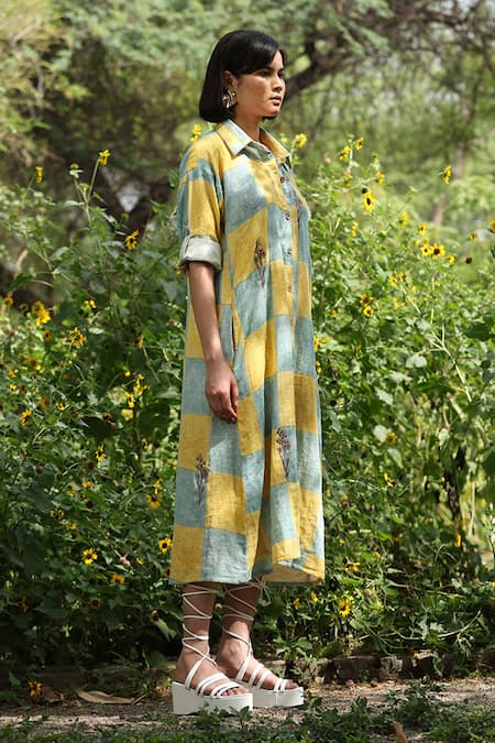 Weaver Story_Yellow Cotton Hand Block Print Chequered Collared Neck Dress _at_Aza_Fashions