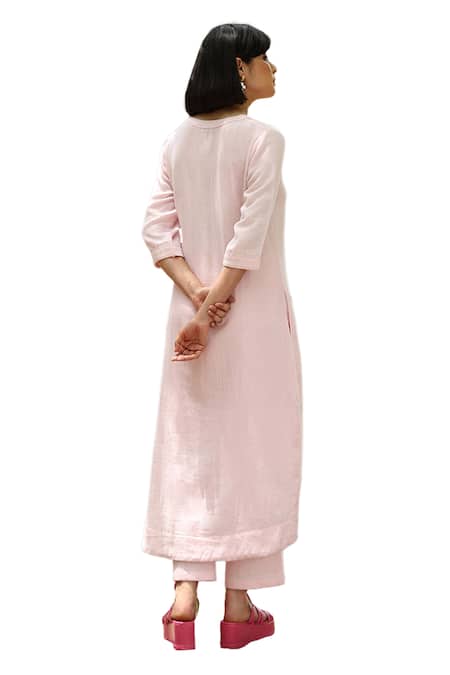 Shop_Weaver Story_Pink Cotton Embroidery V-neck Kurta With Pant _Online_at_Aza_Fashions