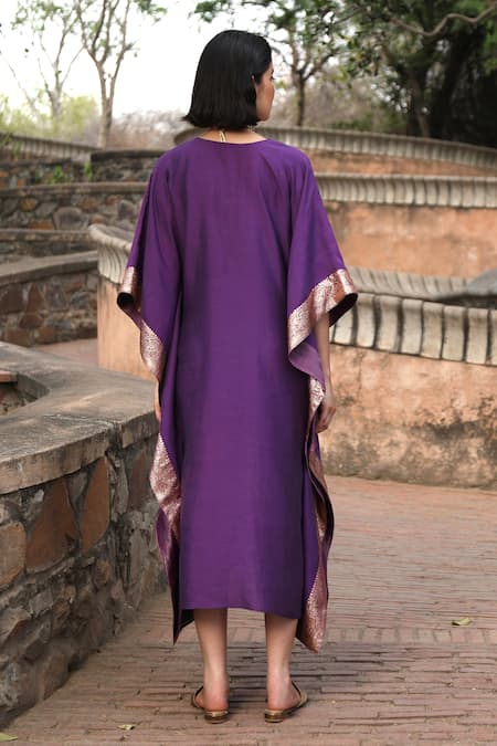 Shop_Weaver Story_Purple Handloom Cotton Embroidery V-neck Benaras Border Pure Silk Kaftan _at_Aza_Fashions