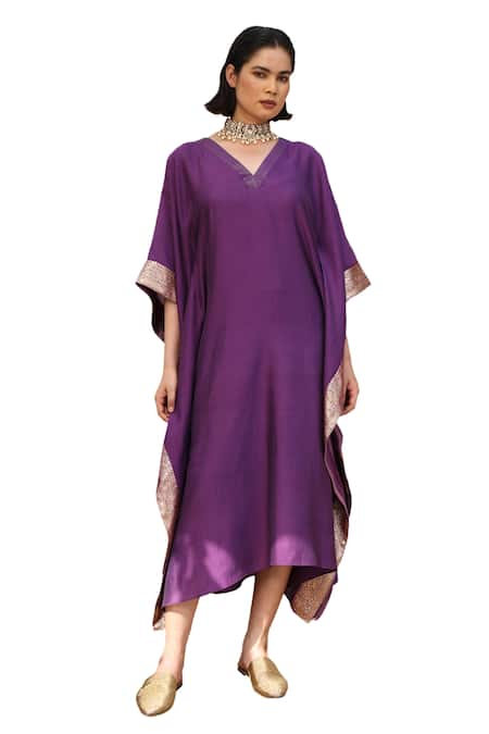 Buy Weaver Story Purple Handloom Cotton Embroidery V-neck Benaras Border Pure Silk Kaftan Online at Aza Fashions Buy_Weaver Story_Purple Handloom Cotton Embroidery V-neck Benaras Border Pure Silk Kaftan _Online_at_Aza_Fashions