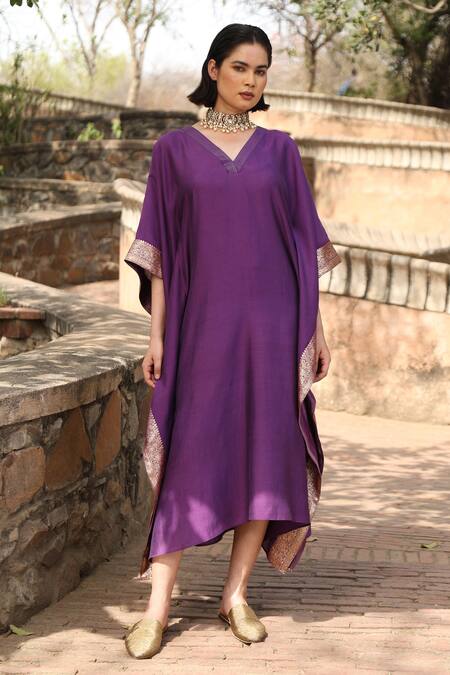 Shop_Weaver Story_Purple Handloom Cotton Embroidery V-neck Benaras Border Pure Silk Kaftan _Online_at_Aza_Fashions