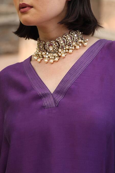 Buy_Weaver Story_Purple Handloom Cotton Embroidery V-neck Benaras Border Pure Silk Kaftan 