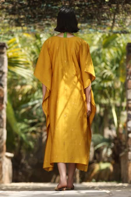 Weaver Story_Yellow Round Neck Handwoven Sanjaab Pure Silk Kaftan _Online_at_Aza_Fashions