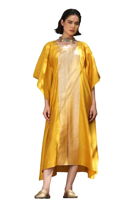 Buy Weaver Story Yellow Round Neck Handwoven Sanjaab Pure Silk Kaftan Online at Aza Fashions Buy_Weaver Story_Yellow Round Neck Handwoven Sanjaab Pure Silk Kaftan _Online_at_Aza_Fashions