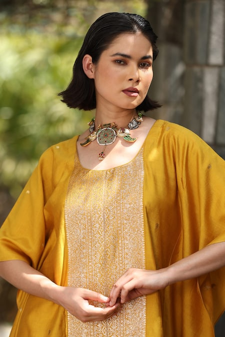 Shop_Weaver Story_Yellow Round Neck Handwoven Sanjaab Pure Silk Kaftan _Online_at_Aza_Fashions