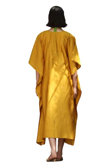 Buy Weaver Story Yellow Round Neck Handwoven Sanjaab Pure Silk Kaftan Buy_Weaver Story_Yellow Round Neck Handwoven Sanjaab Pure Silk Kaftan