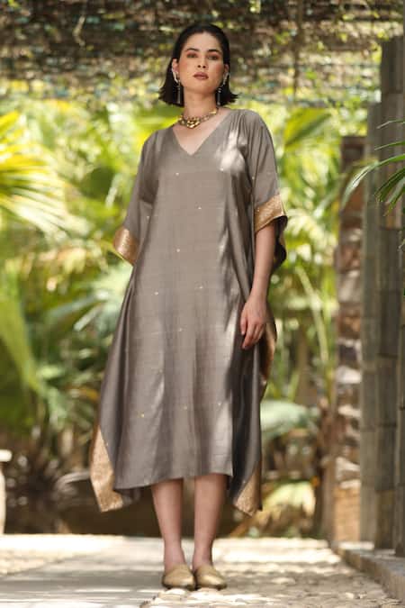 Shop_Weaver Story_Grey Silk Zari V-neck Benaras Bloom Border Handloom Pure Kaftan _Online_at_Aza_Fashions