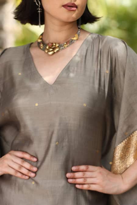 Weaver Story_Grey Silk Zari V-neck Benaras Bloom Border Handloom Pure Kaftan _at_Aza_Fashions