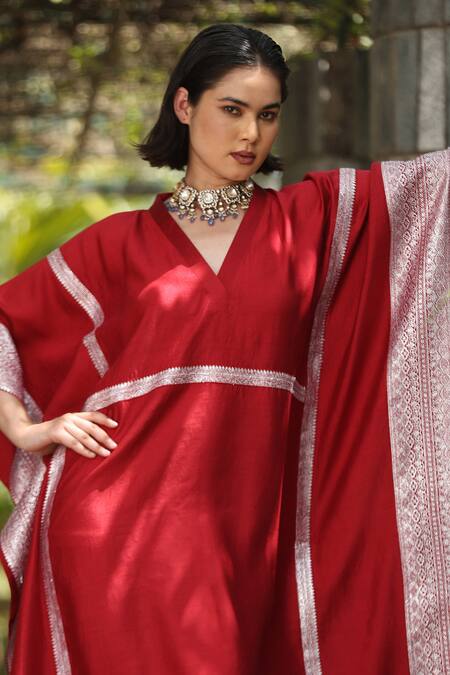 Shop_Weaver Story_Maroon Handloom Cotton Embroidery V-neck Sanjaab Bloom Border Pure Silk Kaftan _Online_at_Aza_Fashions