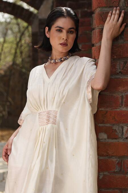 Weaver Story_Ivory Silk Embroidery V-neck Benaras Bloom Border Gathered Front Kaftan _Online_at_Aza_Fashions