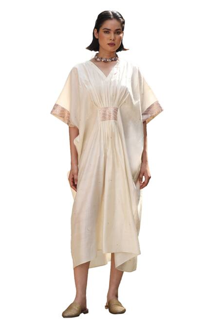 Buy Weaver Story Ivory Silk Embroidery V-neck Benaras Bloom Border Gathered Front Kaftan Online at Aza Fashions Buy_Weaver Story_Ivory Silk Embroidery V-neck Benaras Bloom Border Gathered Front Kaftan _Online_at_Aza_Fashions