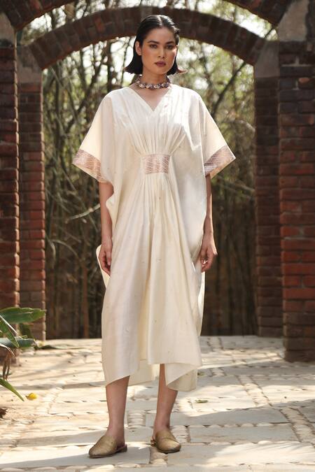 Shop_Weaver Story_Ivory Silk Embroidery V-neck Benaras Bloom Border Gathered Front Kaftan _Online_at_Aza_Fashions