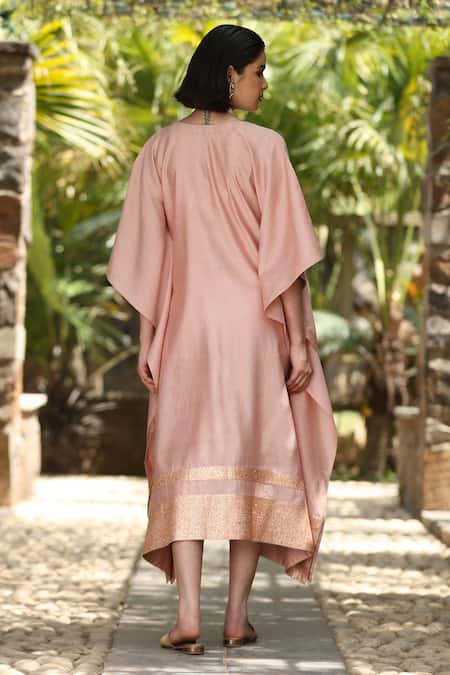 Weaver Story_Pink Silk Embroidery V-neck Sanjaab Trim Border Handloom Pure Kaftan _Online_at_Aza_Fashions