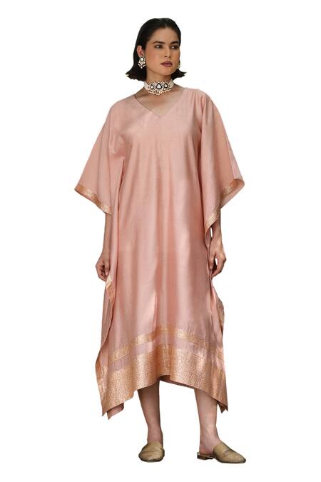 Shop Weaver Story Pink Silk Embroidery V-neck Sanjaab Trim Border Handloom Pure Kaftan Online at Aza Fashions Shop_Weaver Story_Pink Silk Embroidery V-neck Sanjaab Trim Border Handloom Pure Kaftan _Online_at_Aza_Fashions