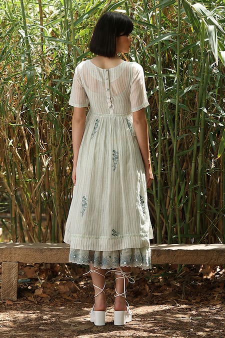 Weaver Story_Green Chanderi Silk Embroidery Scoop Neck Handblock Strip Print Dress _Online_at_Aza_Fashions