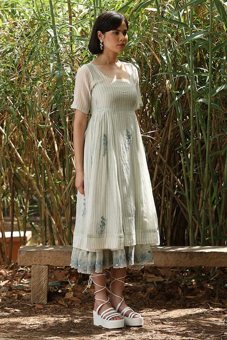 Weaver Story_Green Chanderi Silk Embroidery Scoop Neck Handblock Strip Print Dress _at_Aza_Fashions