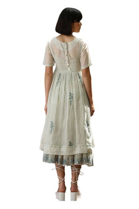 Buy Weaver Story Green Chanderi Silk Embroidery Scoop Neck Handblock Strip Print Dress Buy_Weaver Story_Green Chanderi Silk Embroidery Scoop Neck Handblock Strip Print Dress