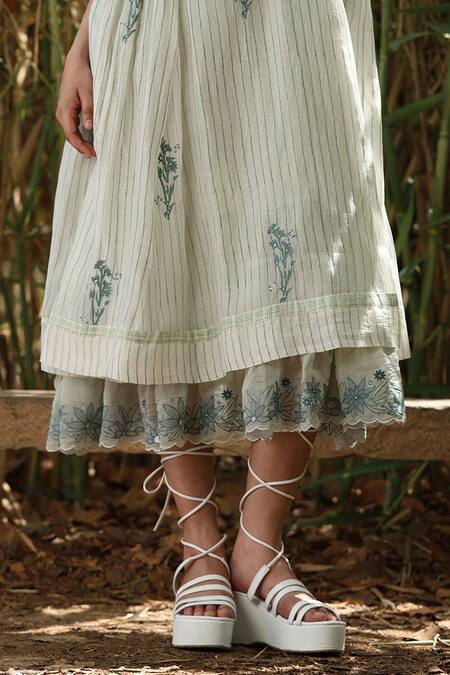 Shop_Weaver Story_Green Chanderi Silk Embroidery Scoop Neck Handblock Strip Print Dress 
