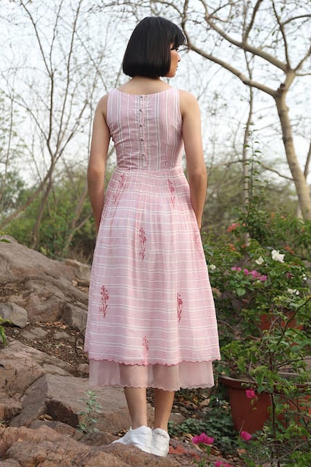 Shop_Weaver Story_White Chanderi Silk Embroidery Boat Neck Handloom Pure Strip Print Dress _at_Aza_Fashions