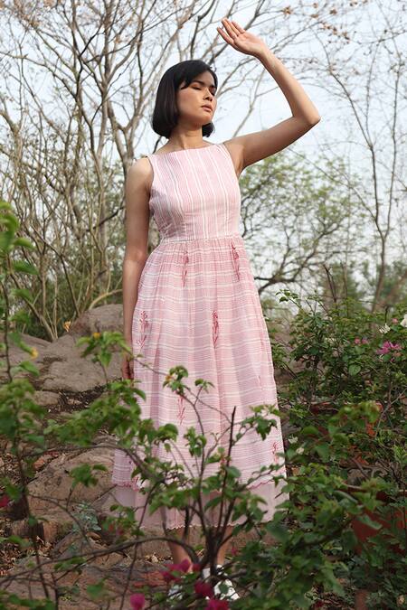 Weaver Story_White Chanderi Silk Embroidery Boat Neck Handloom Pure Strip Print Dress _Online_at_Aza_Fashions