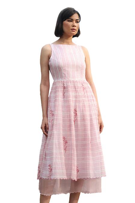 Shop Weaver Story White Chanderi Silk Embroidery Boat Neck Handloom Pure Strip Print Dress Online at Aza Fashions Shop_Weaver Story_White Chanderi Silk Embroidery Boat Neck Handloom Pure Strip Print Dress _Online_at_Aza_Fashions
