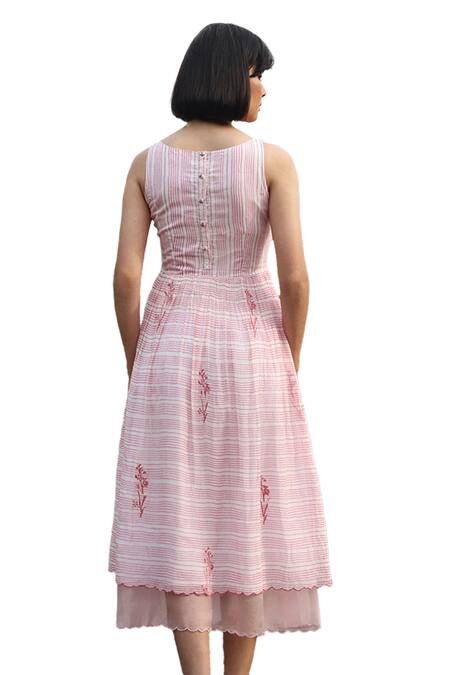 Buy Weaver Story White Chanderi Silk Embroidery Boat Neck Handloom Pure Strip Print Dress Buy_Weaver Story_White Chanderi Silk Embroidery Boat Neck Handloom Pure Strip Print Dress