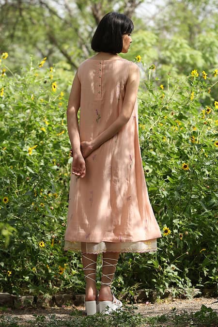 Shop_Weaver Story_Peach Chanderi Silk Embroidery Boat Neck Handloom Floral Dress _at_Aza_Fashions