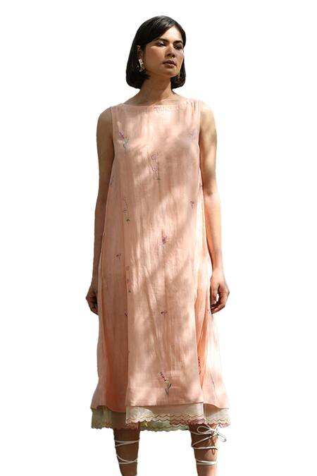 Buy_Weaver Story_Peach Chanderi Silk Embroidery Boat Neck Handloom Floral Dress _Online_at_Aza_Fashions
