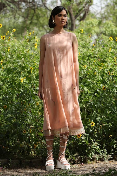 Shop_Weaver Story_Peach Chanderi Silk Embroidery Boat Neck Handloom Floral Dress _Online_at_Aza_Fashions