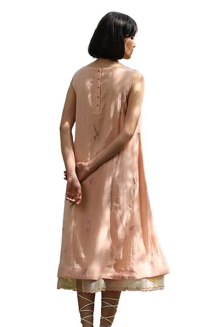 Buy_Weaver Story_Peach Chanderi Silk Embroidery Boat Neck Handloom Floral Dress 