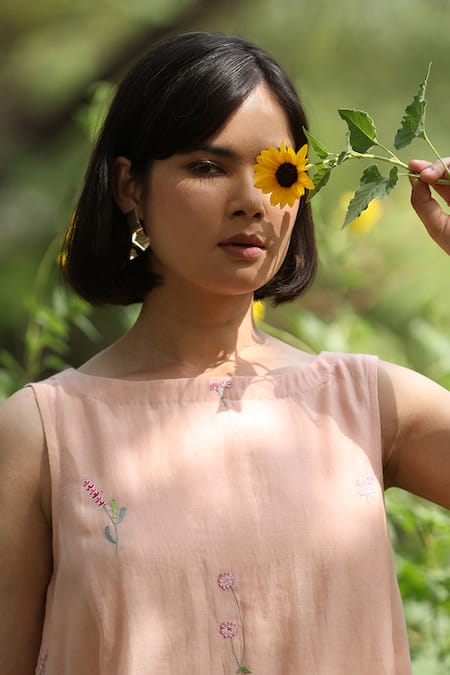 Shop_Weaver Story_Peach Chanderi Silk Embroidery Boat Neck Handloom Floral Dress 