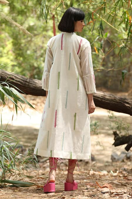 Shop_Weaver Story_White Chanderi Silk Embroidery Mandarin Collar Kantha Hand Dress _at_Aza_Fashions