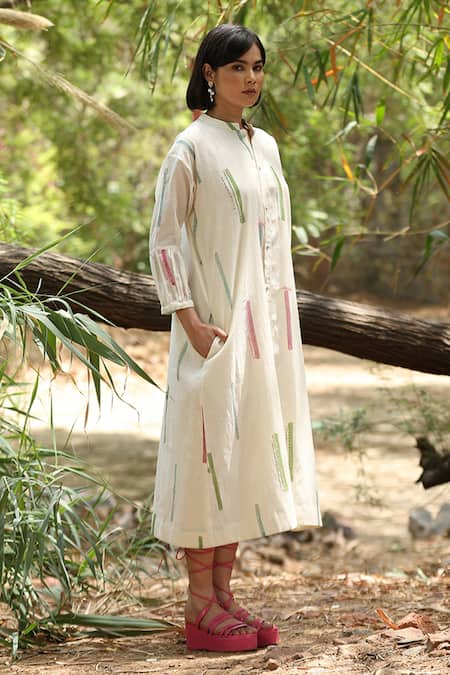 Shop_Weaver Story_White Chanderi Silk Embroidery Mandarin Collar Kantha Hand Dress _Online_at_Aza_Fashions