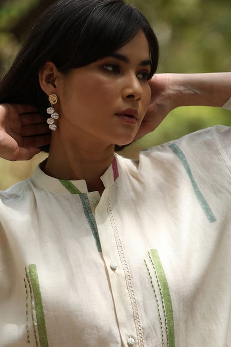 Buy_Weaver Story_White Chanderi Silk Embroidery Mandarin Collar Kantha Hand Dress 