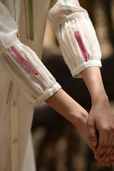 Shop_Weaver Story_White Chanderi Silk Embroidery Mandarin Collar Kantha Hand Dress 