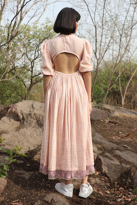 Weaver Story_White Pure Cotton Embroidered Check V- Neck Handblock Print Dress _Online_at_Aza_Fashions