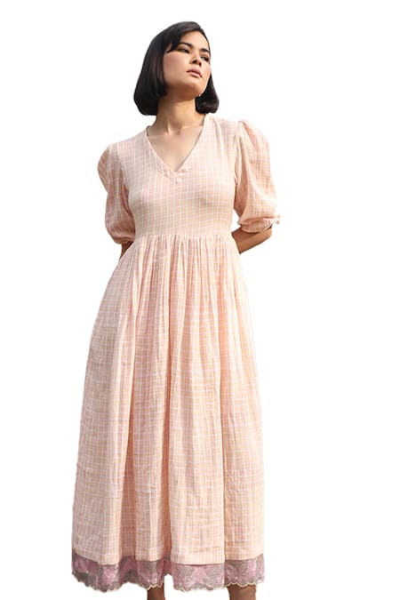 Buy_Weaver Story_White Pure Cotton Embroidered Check V- Neck Handblock Print Dress _Online_at_Aza_Fashions
