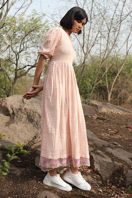 Shop_Weaver Story_White Pure Cotton Embroidered Check V- Neck Handblock Print Dress _Online_at_Aza_Fashions