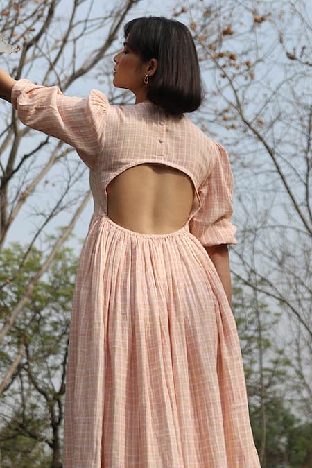 Weaver Story_White Pure Cotton Embroidered Check V- Neck Handblock Print Dress _at_Aza_Fashions