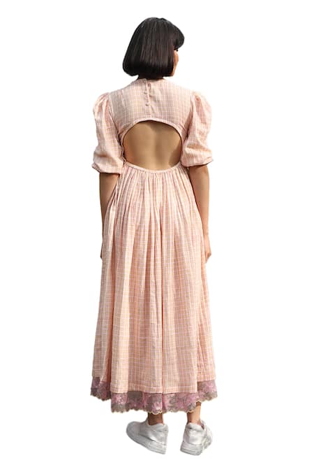 Buy_Weaver Story_White Pure Cotton Embroidered Check V- Neck Handblock Print Dress 