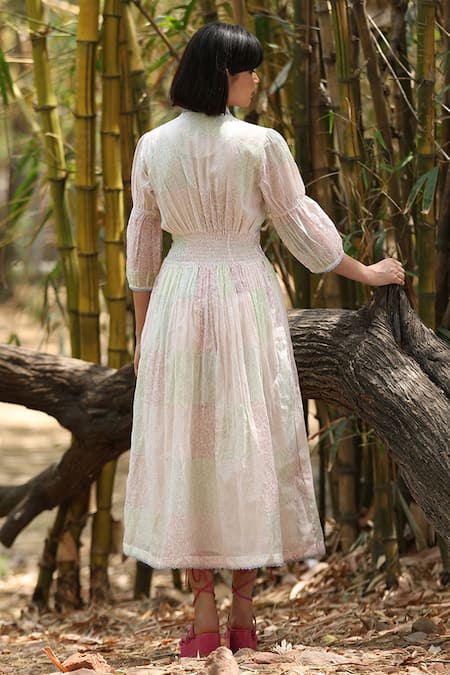 Shop_Weaver Story_White Chanderi Silk V-neck Abstract Hand Print Dress _at_Aza_Fashions